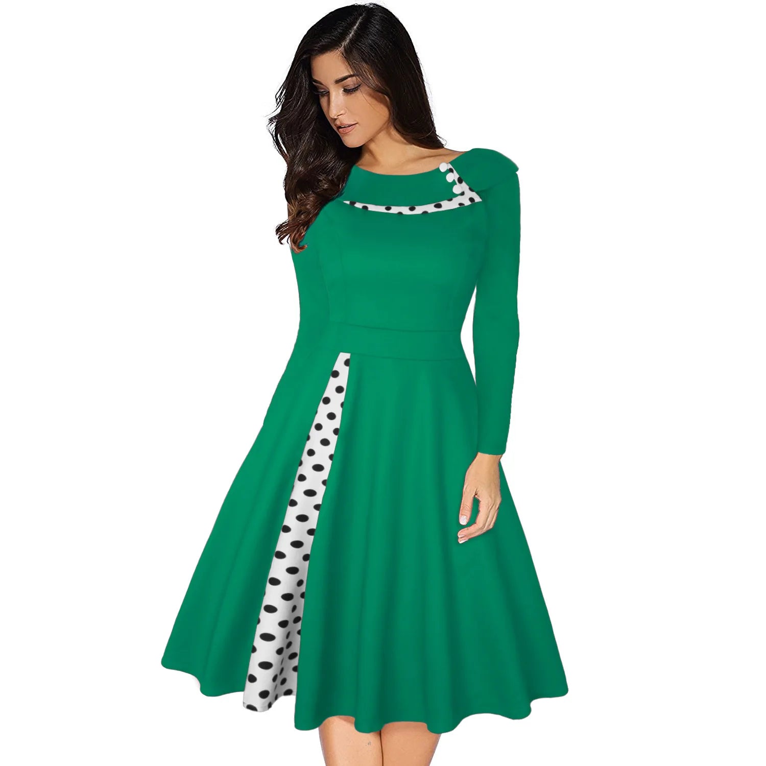 Robe Vintage Rockabilly À Pois — Taille Haute Manches Longues Swing