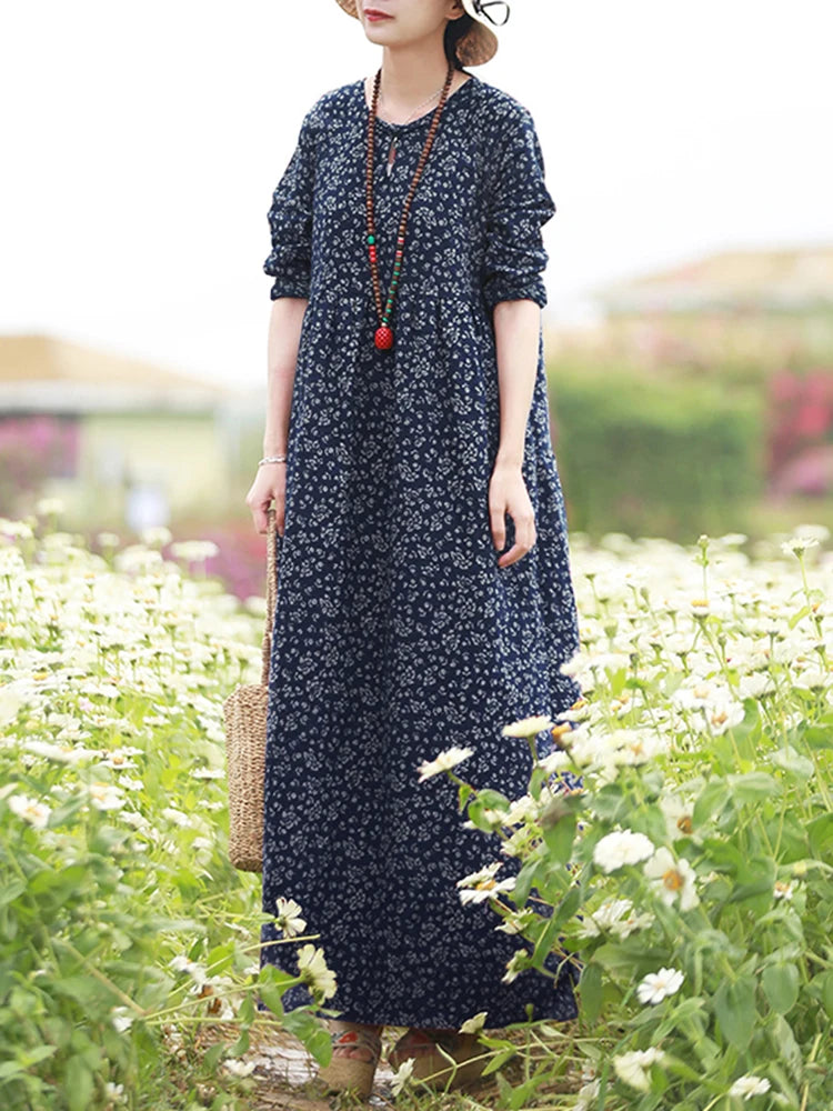 Robe Maxi Bohémienne Vintage Florale — Manches Longues Grande Taille