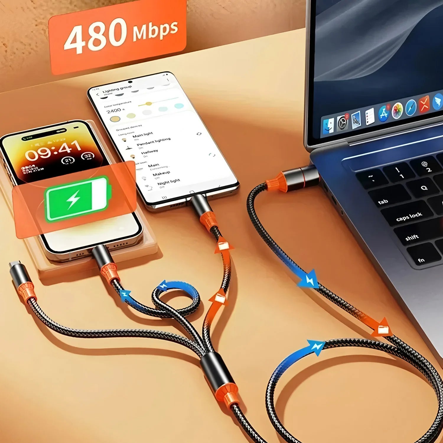 Câble Charge 3-en-1 Multi-Port USB-C Micro USB pour iPhone 15 14 13 Android
