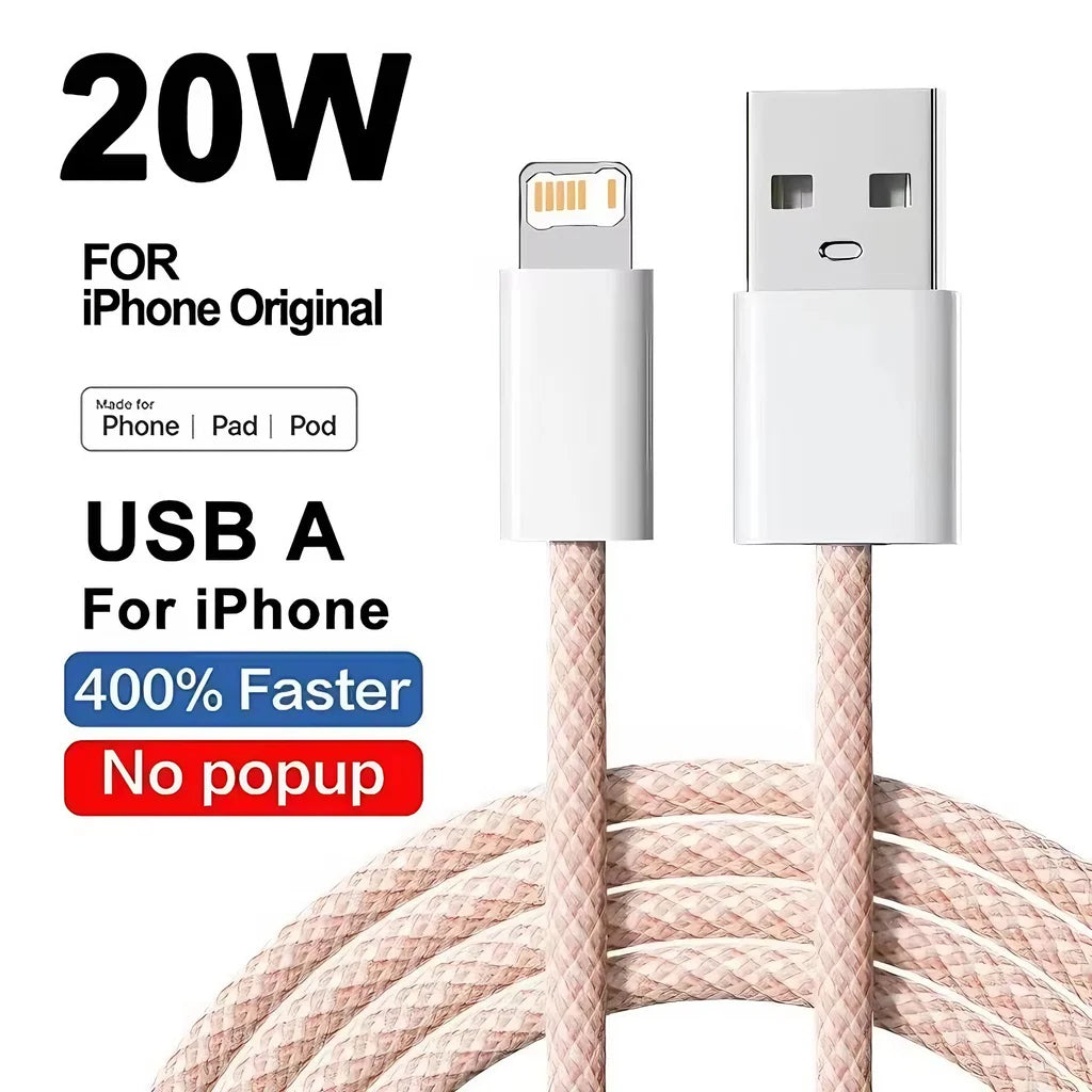 Câble USB Lightning 20W Tressé Charge Rapide pour iPhone 14 13 12 11 XR XS 8 7 6 — 1m 2m