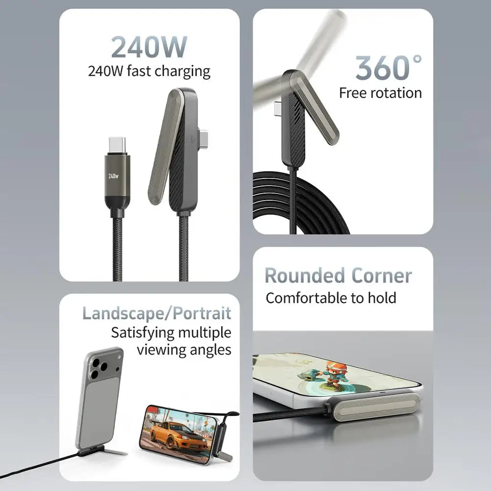 Câble 240W 2-en-1 Support Pliable pour iPhone 15-17 et Android — USB-C vers USB-C