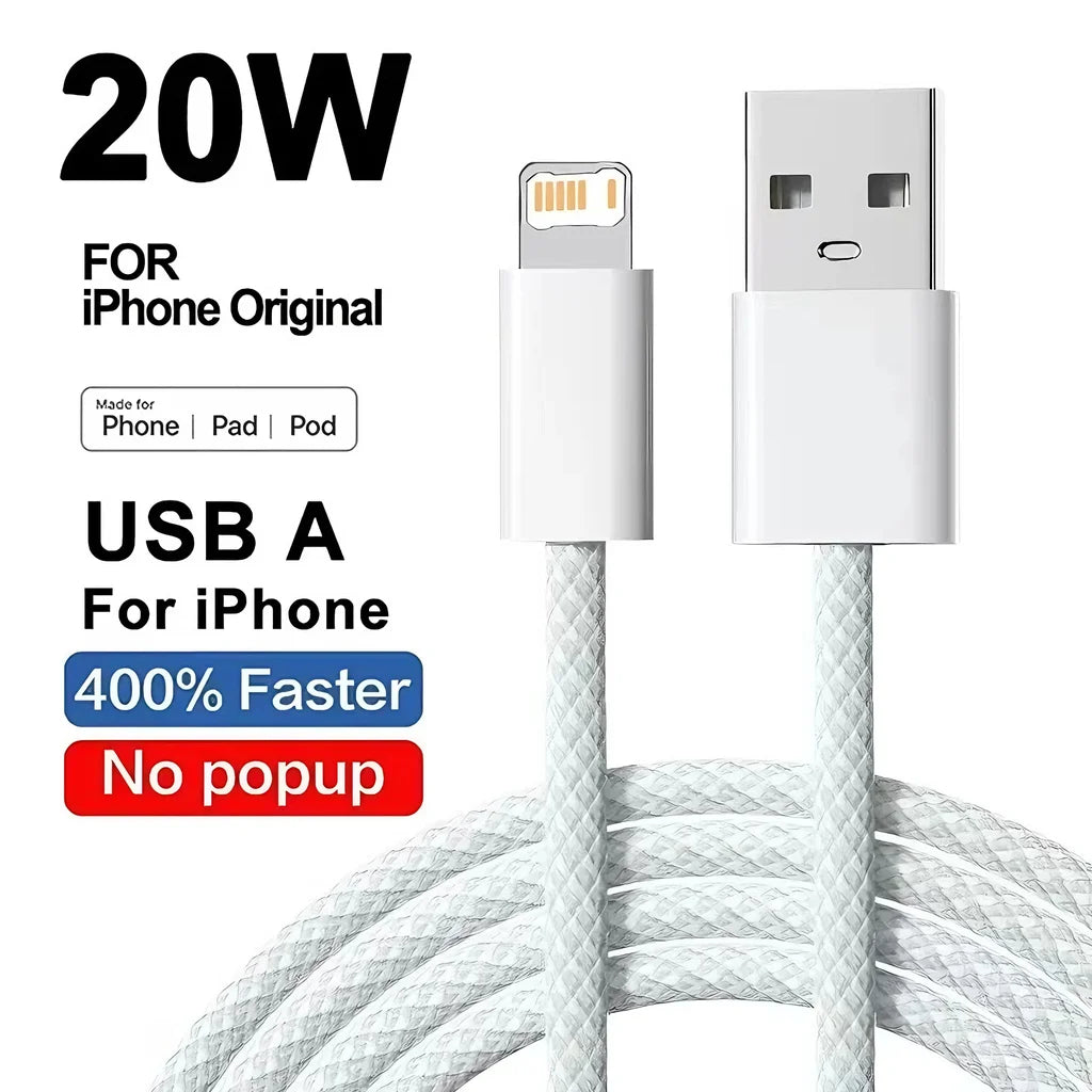 Câble USB Lightning 20W Tressé Charge Rapide pour iPhone 14 13 12 11 XR XS 8 7 6 — 1m 2m
