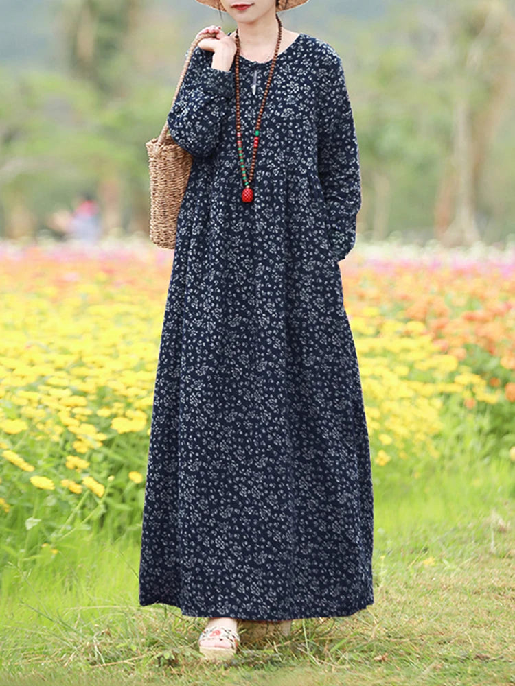 Robe Maxi Bohémienne Vintage Florale — Manches Longues Grande Taille