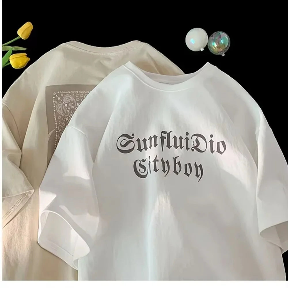 Korea Oversized Retro Sports T-Shirt - Unisex Graphic Short Sleeve Round Youth Tees, Couple Tops Trendy Casual Summer Essential