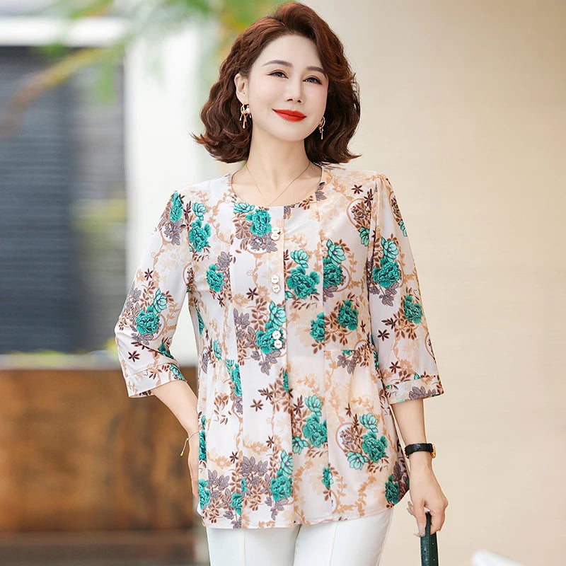 Elegant Oversize Shirts for Women T-SHIRT Tops Loose Vintage Blouse Summer Middle-aged Women's Clothing