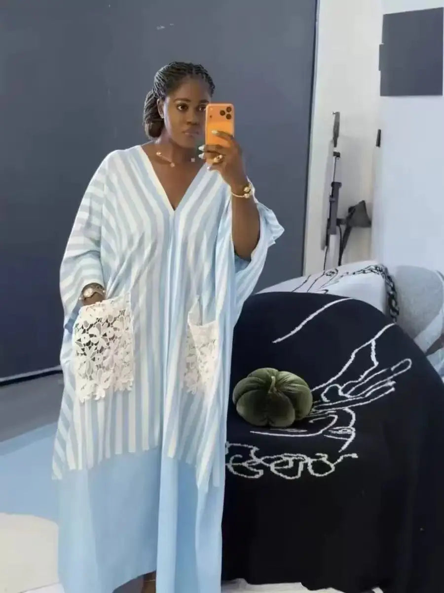 Robe Longue Femme Col V Rayée — Style Décontracté Grande Taille Automne 2026