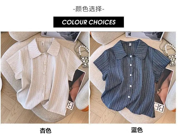 Women's French Style Polo Collar Short Sleeve Chiffon Blouse Elegant Casual  Shirt