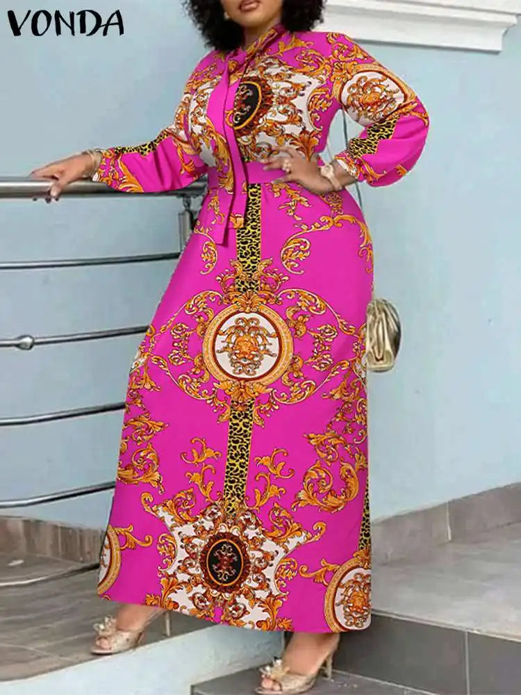 Robe Maxi Bohémienne Femme — Imprimée Longue Manches Longues Ceinturée