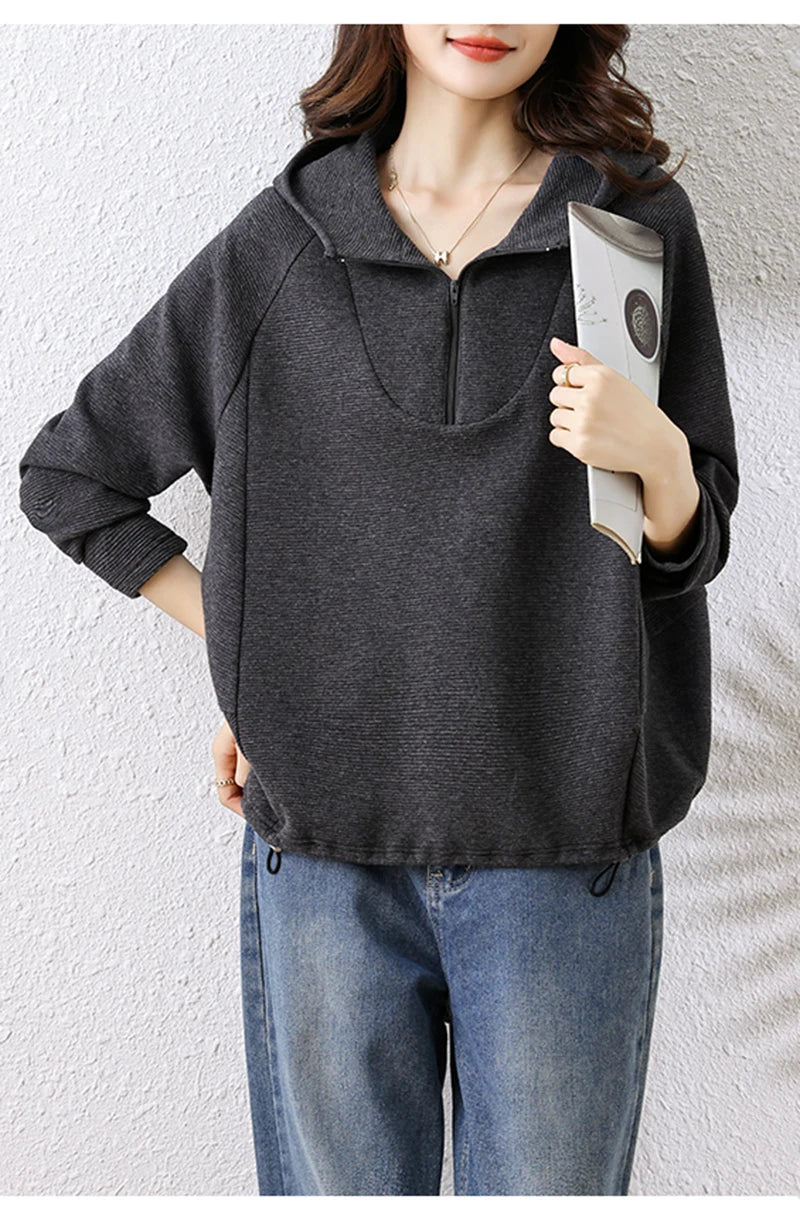 Oversize Hoodies Long Sleeve Zipper Pullovers Dark Gray Tops Jumper Sweatshirts Women