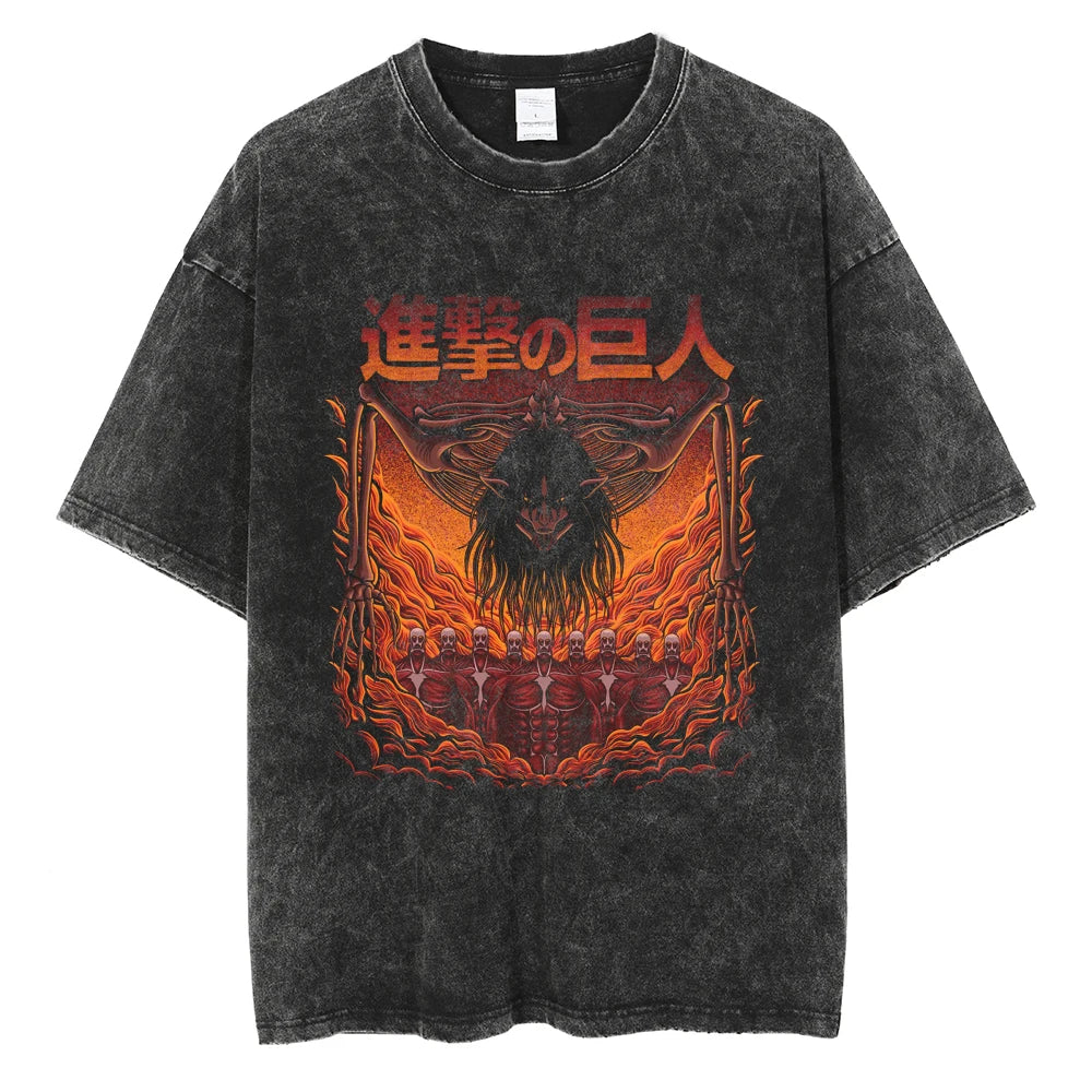 Oversized Attack on Titan Washed Summer T-Shirt, Vintage Distressed Anime Graphic Streetwear for Men Women, Survey Corps AOT Tee