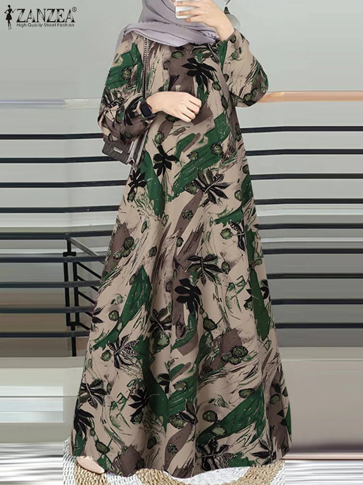 Robe Abaya Femme Musulmane — Longue Manches Longues Imprimé Floral