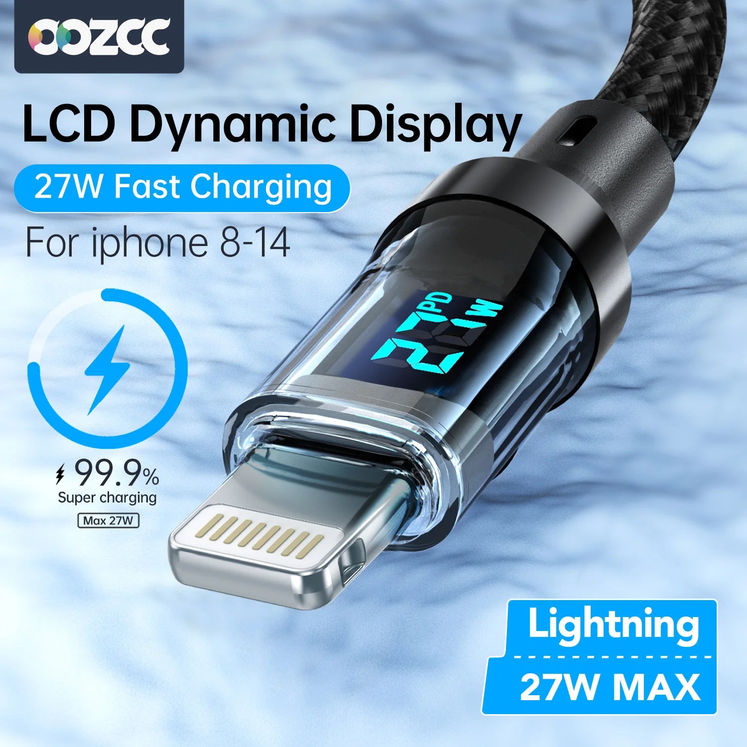 Câble PD 27W Charge Rapide avec Affichage LCD — USB-A vers Lightning pour iPhone 14 13 12 Pro Max