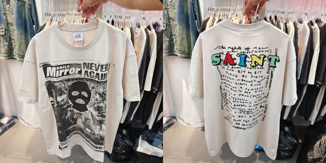 Oversized Vintage Graphic T Shirt Men Women Saint Cotton Casual Streetwear Mask Print Loose Hip Hop Short Sleeve Tee