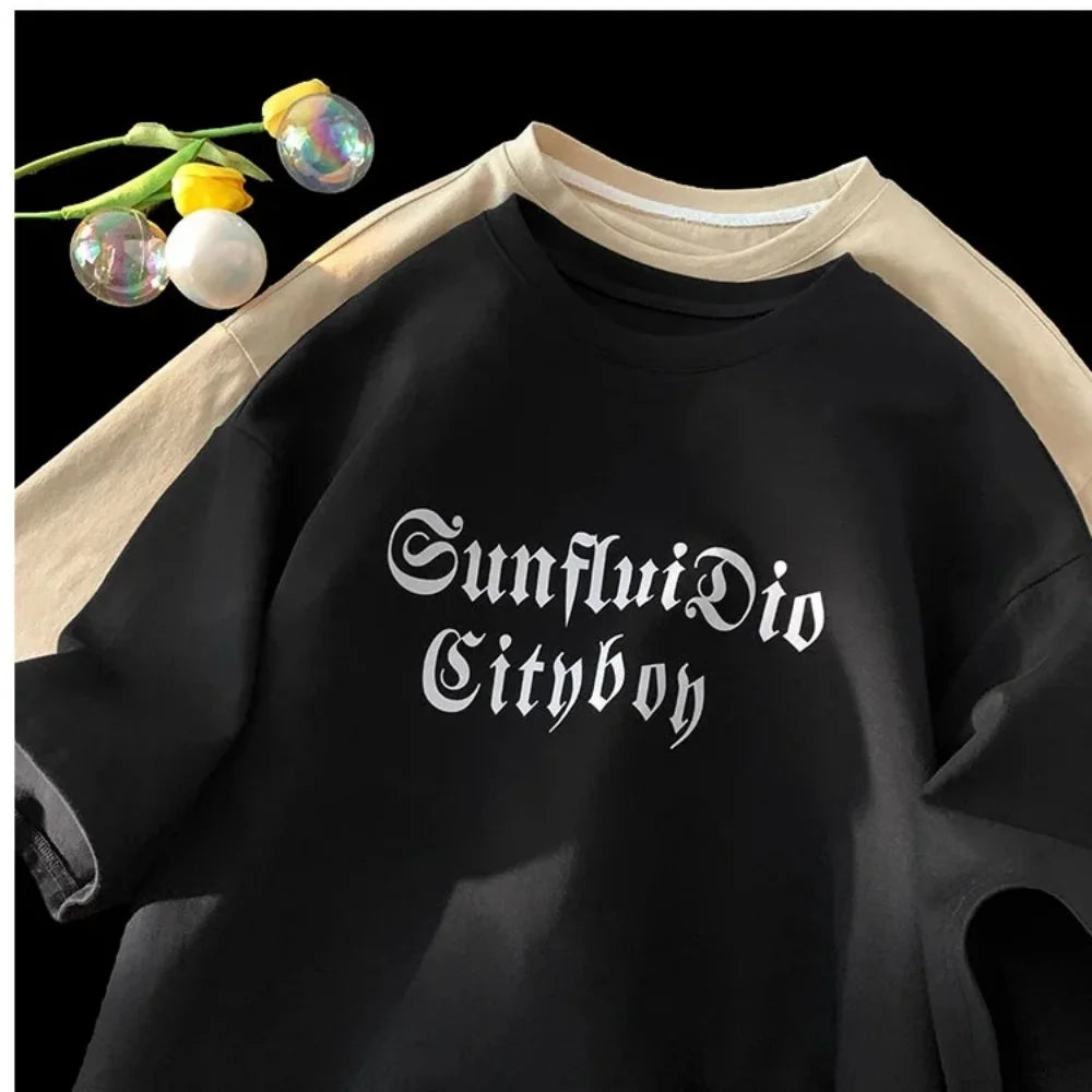Korea Oversized Retro Sports T-Shirt - Unisex Graphic Short Sleeve Round Youth Tees, Couple Tops Trendy Casual Summer Essential