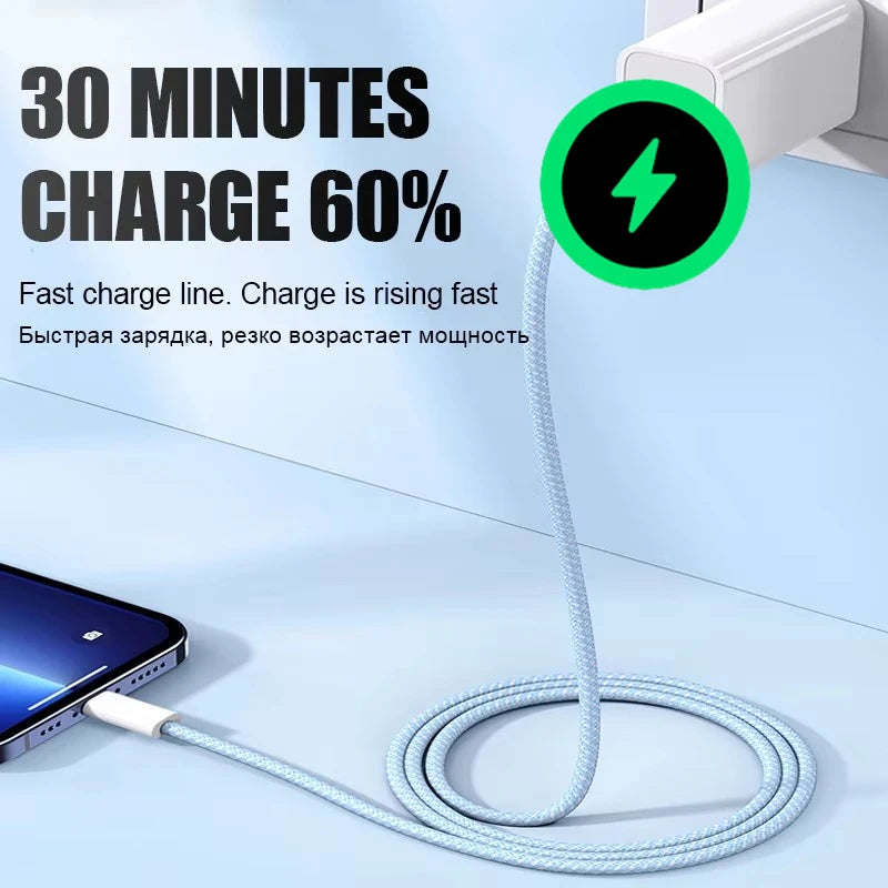 Câble USB Lightning 20W Tressé Charge Rapide pour iPhone 14 13 12 11 XR XS 8 7 6 — 1m 2m
