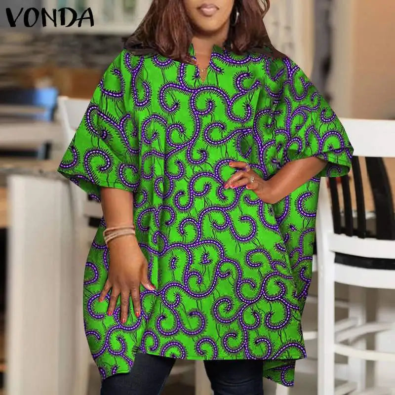 Plus Size VONDA Women Blouses 2024 Elegant Half Sleeve Printed Shirts Bohemian V Neck Tops Fashion Casual Loose Blusas Oversized