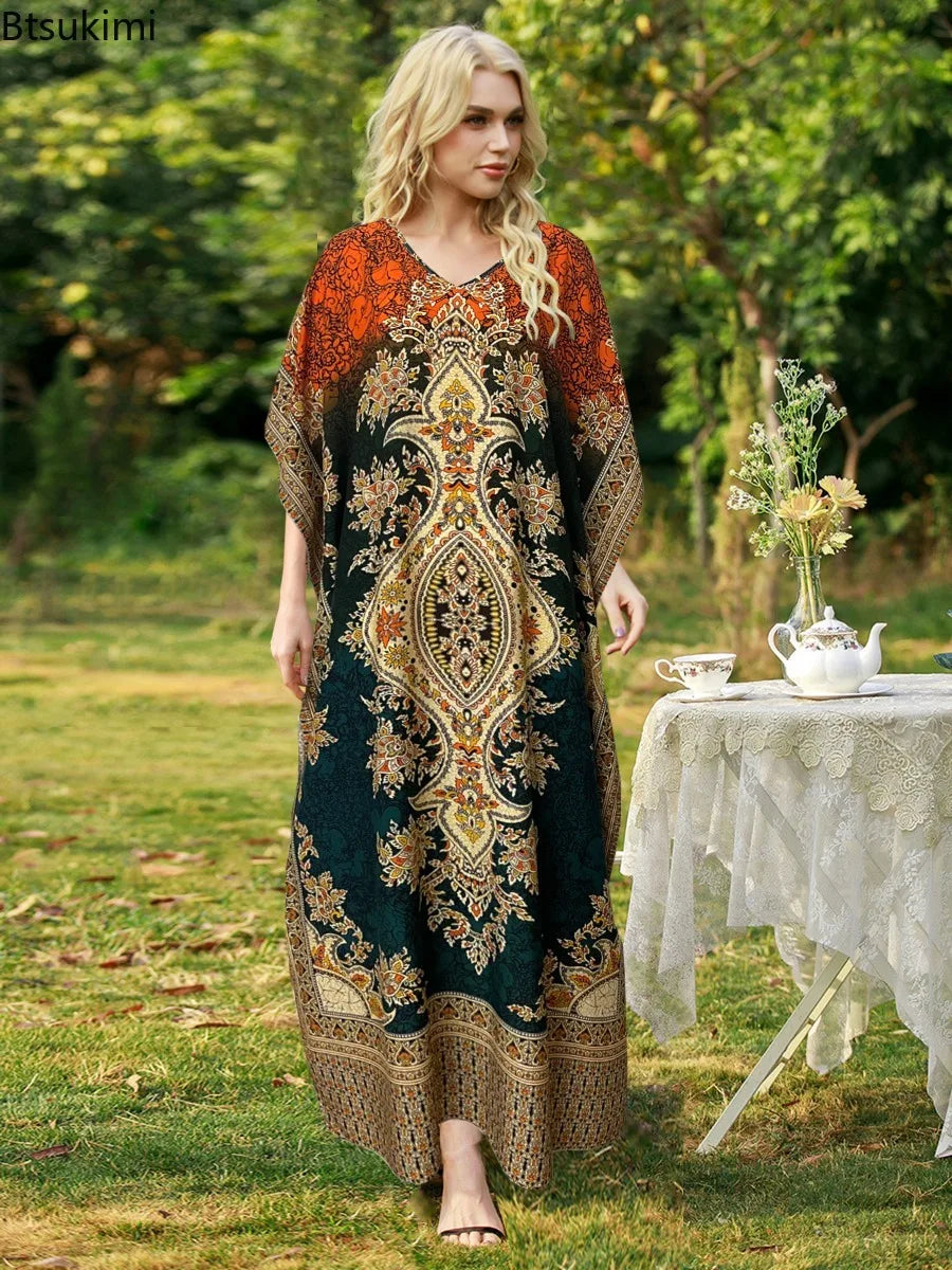 Robe Longue Bohémienne Col V — Imprimé Ethnique Plage Moyen-Orient