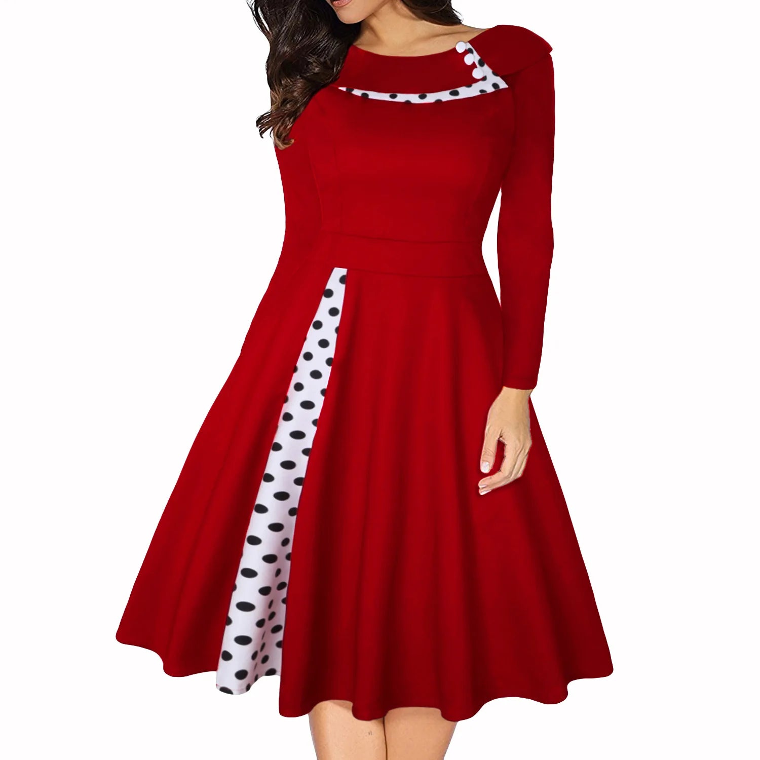 Robe Vintage Rockabilly À Pois — Taille Haute Manches Longues Swing