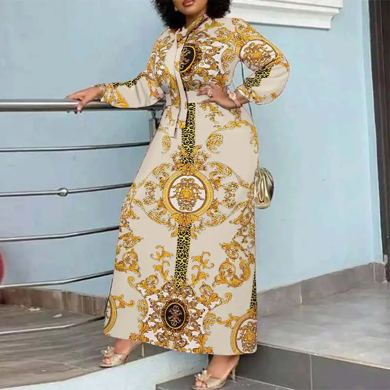 Robe Maxi Bohémienne Femme — Imprimée Longue Manches Longues Ceinturée