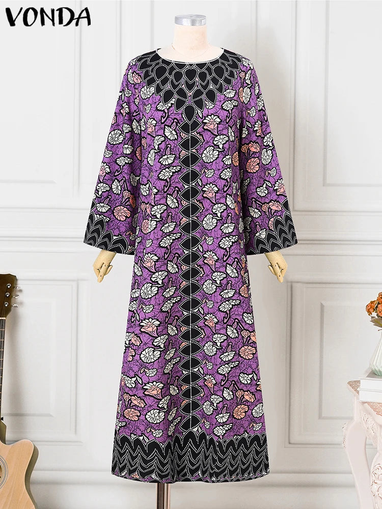 Robe Bohémienne Imprimée — Manches Évasées Maxi Oversize Col Rond