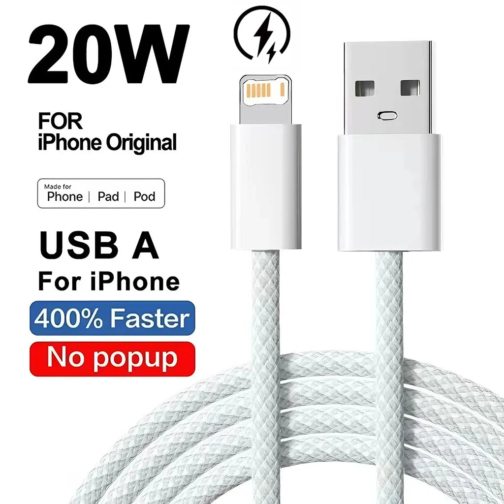 Câble USB Lightning 20W Tressé Charge Rapide pour iPhone 14 13 12 11 XR XS 8 7 6 — 1m 2m