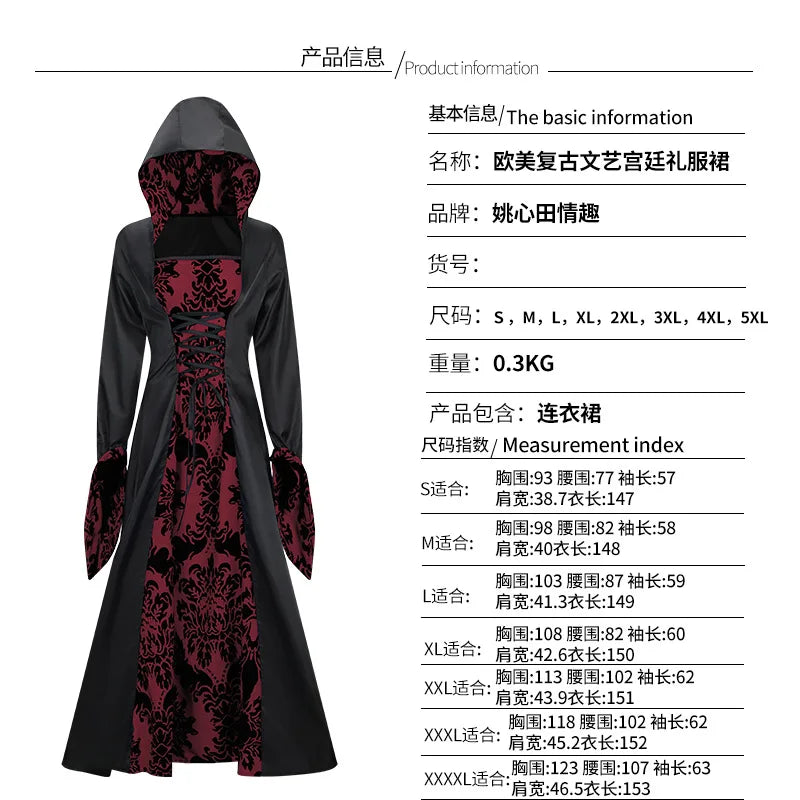 Robe Médiévale À Capuche Imprimée — Tenue de Scène Rétro Femme
