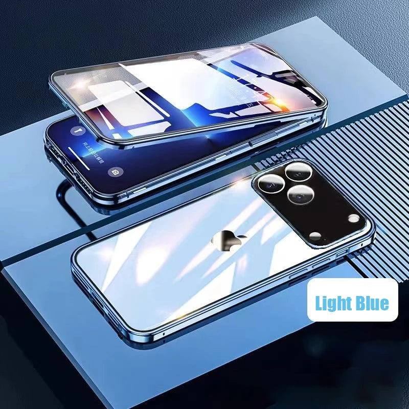 Coque magnétique métal 360° iPhone – Verre double face, verrouillage snap, protection totale