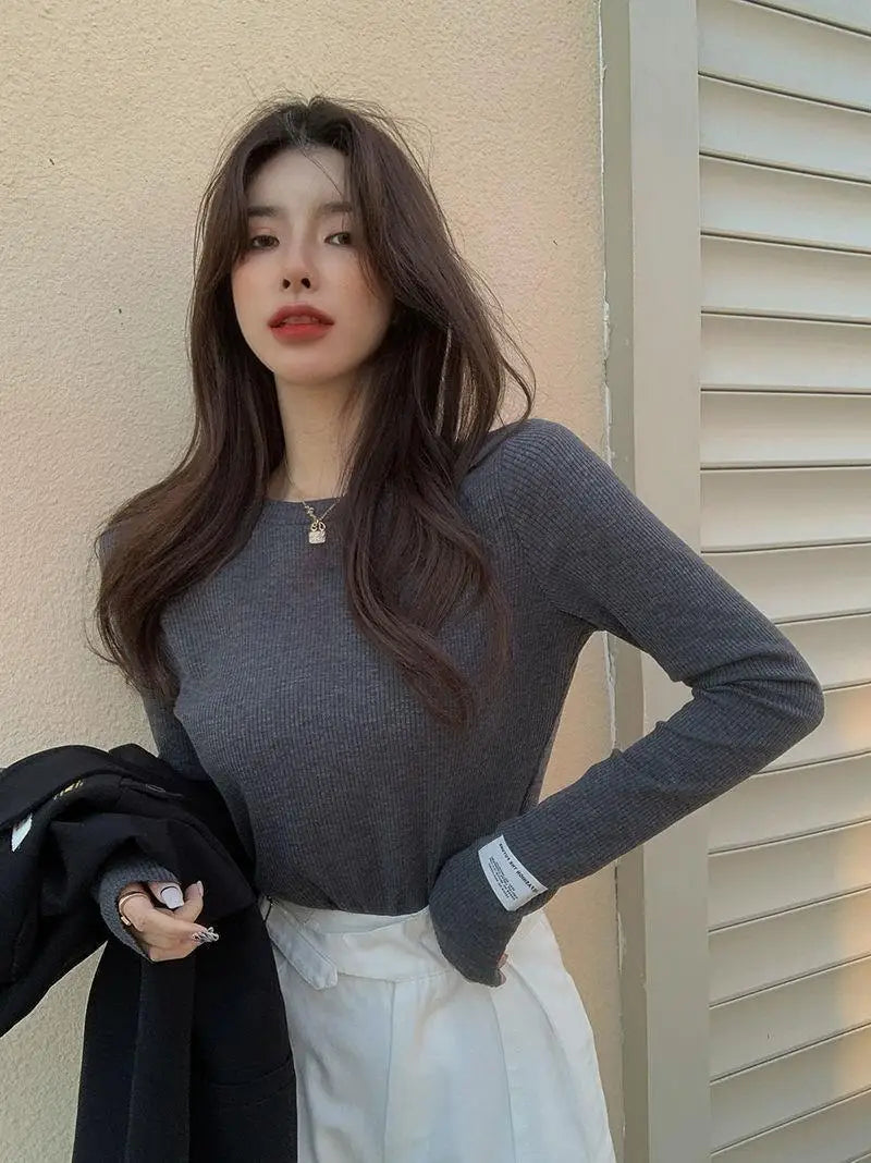 T-Shirt Femme Style Coréen — Pullover Streetwear Beige Esthétique
