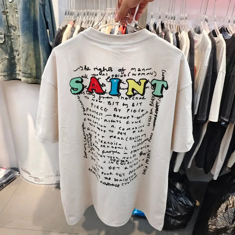 Oversized Vintage Graphic T Shirt Men Women Saint Cotton Casual Streetwear Mask Print Loose Hip Hop Short Sleeve Tee