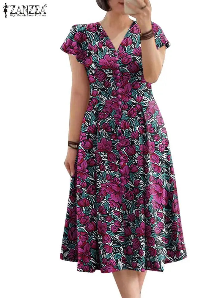 Robe Mi-Longue Femme Fleurie — Taille Cinée Col V Manches Courtes