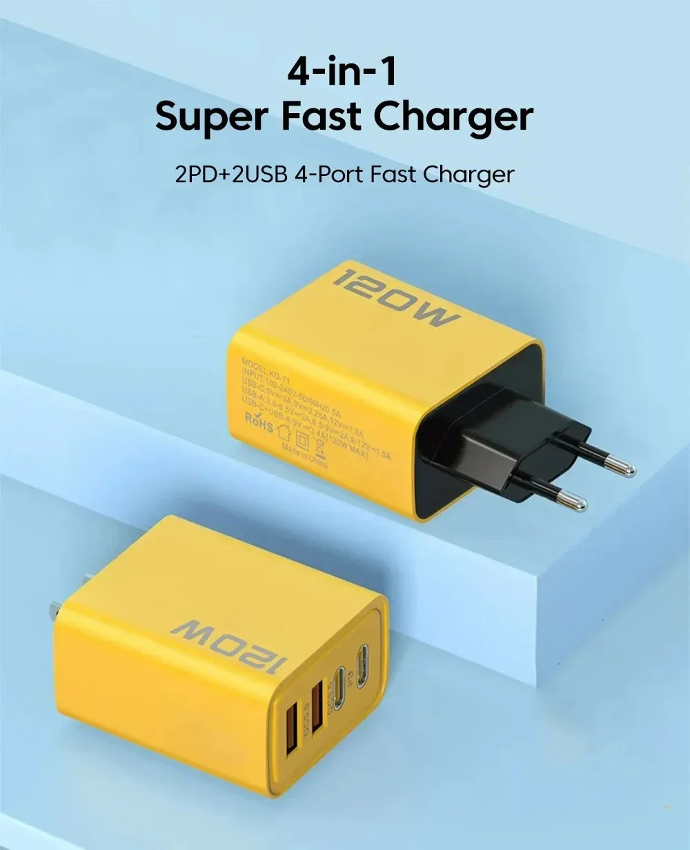 Chargeur Mural 120W USB-C Charge Rapide pour iPhone 16 15 Xiaomi Huawei Redmi OnePlus
