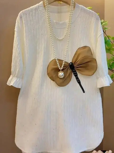 Oversized T Shirts 2025 Women's Clothing O-neck Short Sleeve Casual Tees Fashion Korean Camisetas Folds Sweet Bow Summer Tshirt