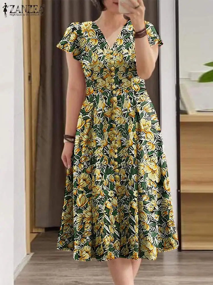 Robe Mi-Longue Femme Fleurie — Taille Cinée Col V Manches Courtes