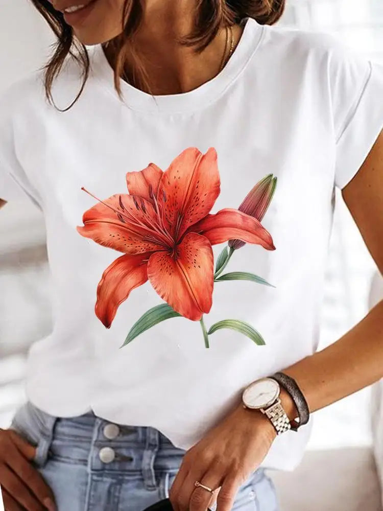 T-Shirt Femme Imprimé Fleurs — Style Casual Années 90