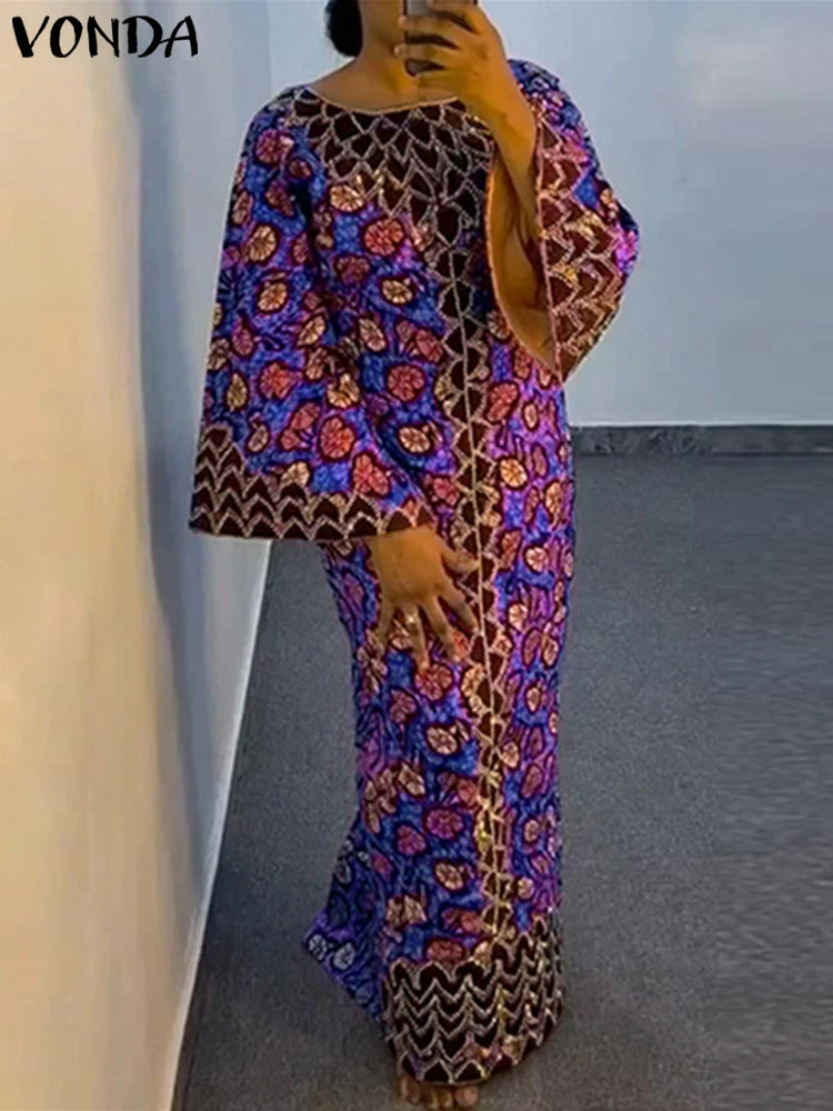 Robe Bohémienne Imprimée — Manches Évasées Maxi Oversize Col Rond