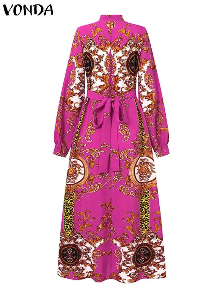 Robe Maxi Bohémienne Femme — Imprimée Longue Manches Longues Ceinturée