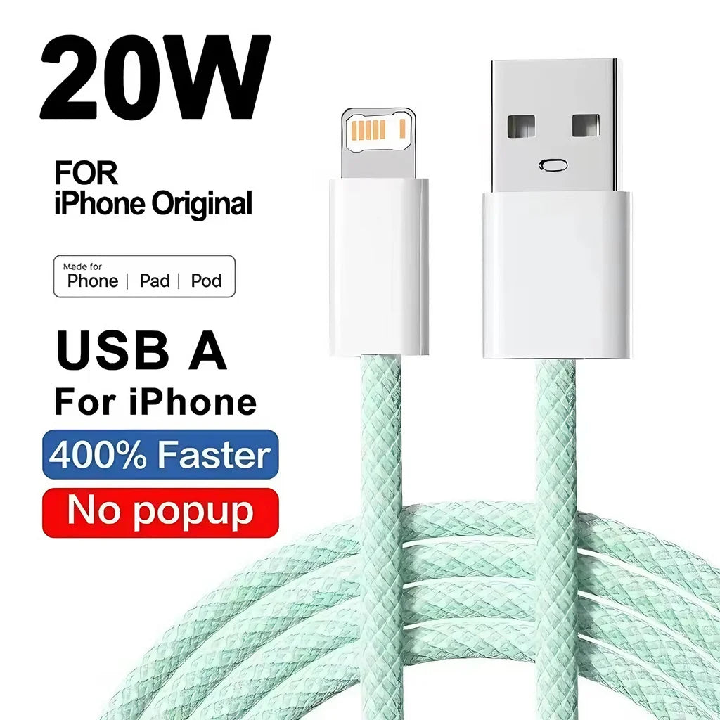 Câble USB Lightning 20W Tressé Charge Rapide pour iPhone 14 13 12 11 XR XS 8 7 6 — 1m 2m