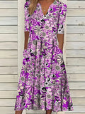 Robe Longue Bohémienne Fleurie — Col V Manches Mi-Longues Poches Plage