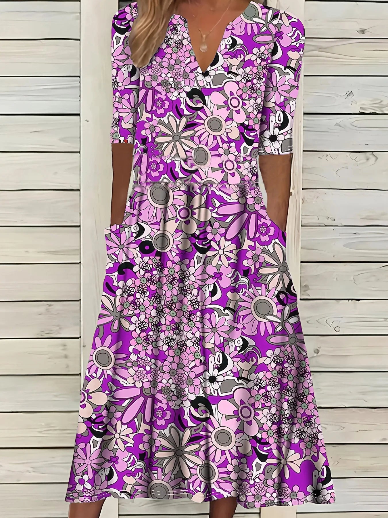 Robe Longue Bohémienne Fleurie — Col V Manches Mi-Longues Poches Plage