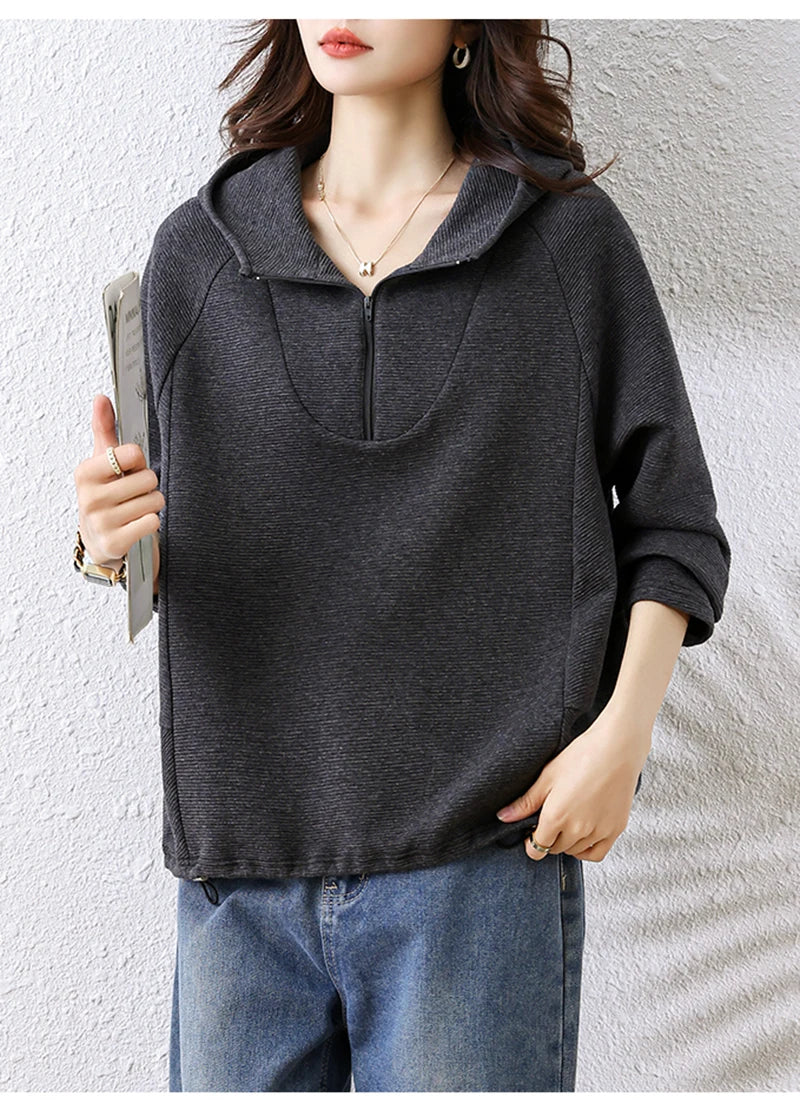 Oversize Hoodies Long Sleeve Zipper Pullovers Dark Gray Tops Jumper Sweatshirts Women