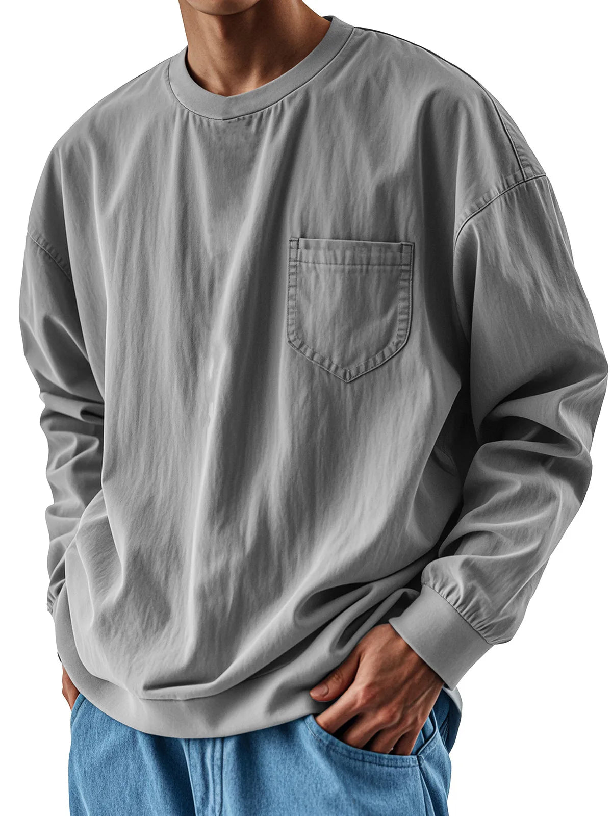 Oversized Loose Long sleeve T-shirt For Men 2025 Spring Fashion Vintage Top Tee Solid Casual Chest Pocket Tshirts streetwear