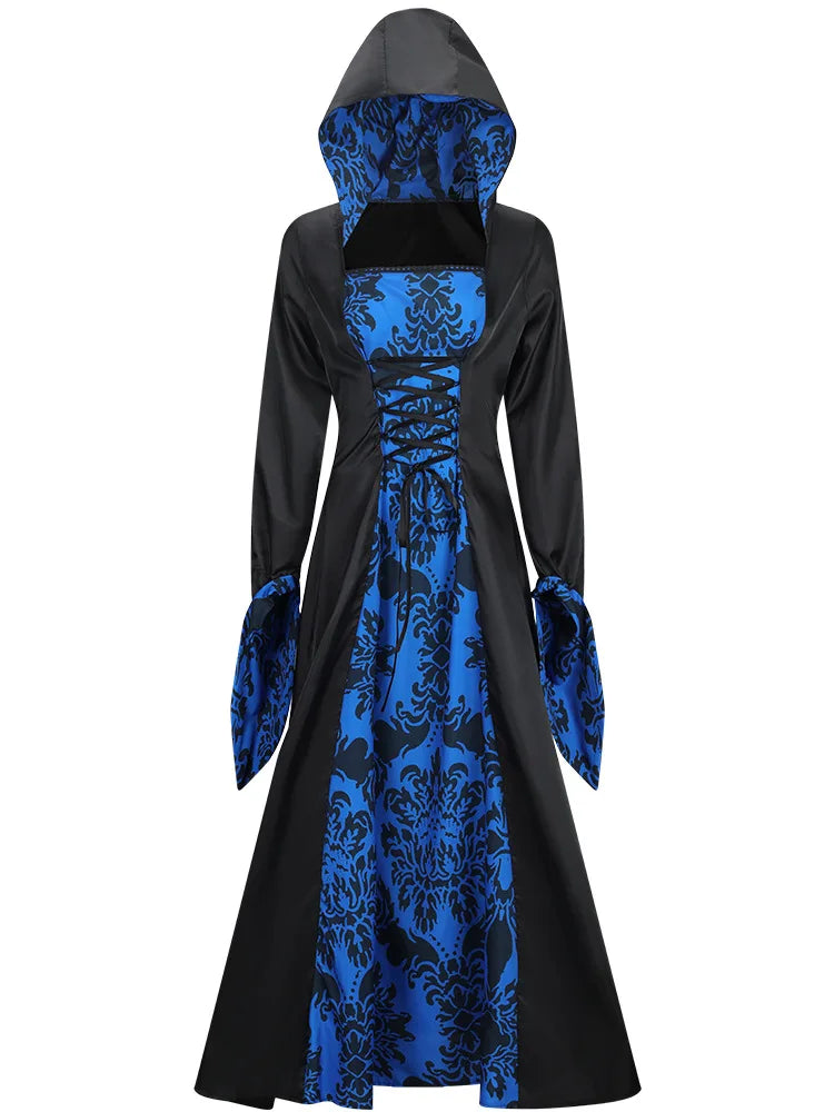 Robe Médiévale À Capuche Imprimée — Tenue de Scène Rétro Femme