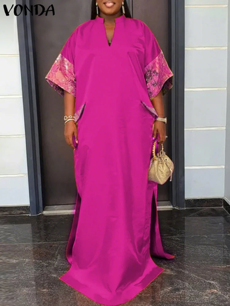 Robe Maxi Bohémienne Satin Col V — Manches Courtes Couleur Unie Été