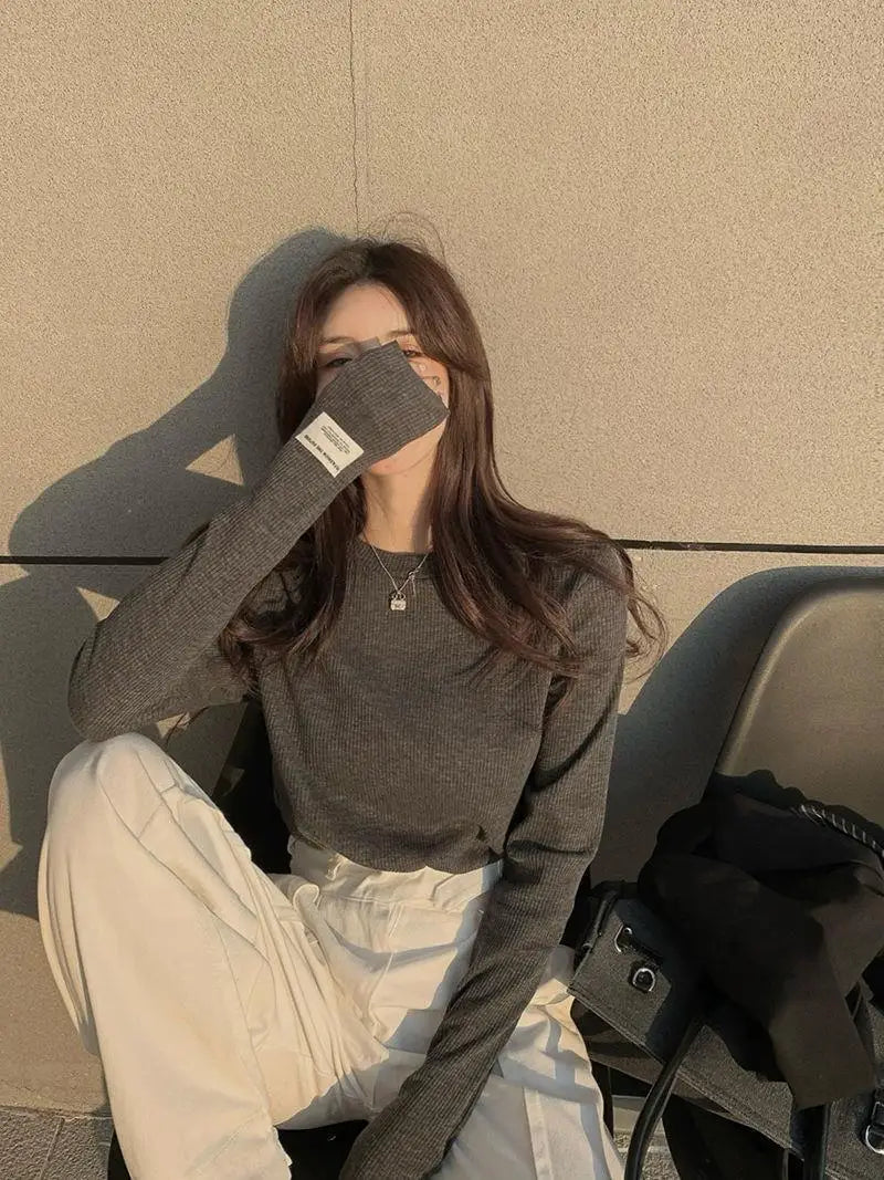 T-Shirt Femme Style Coréen — Pullover Streetwear Beige Esthétique