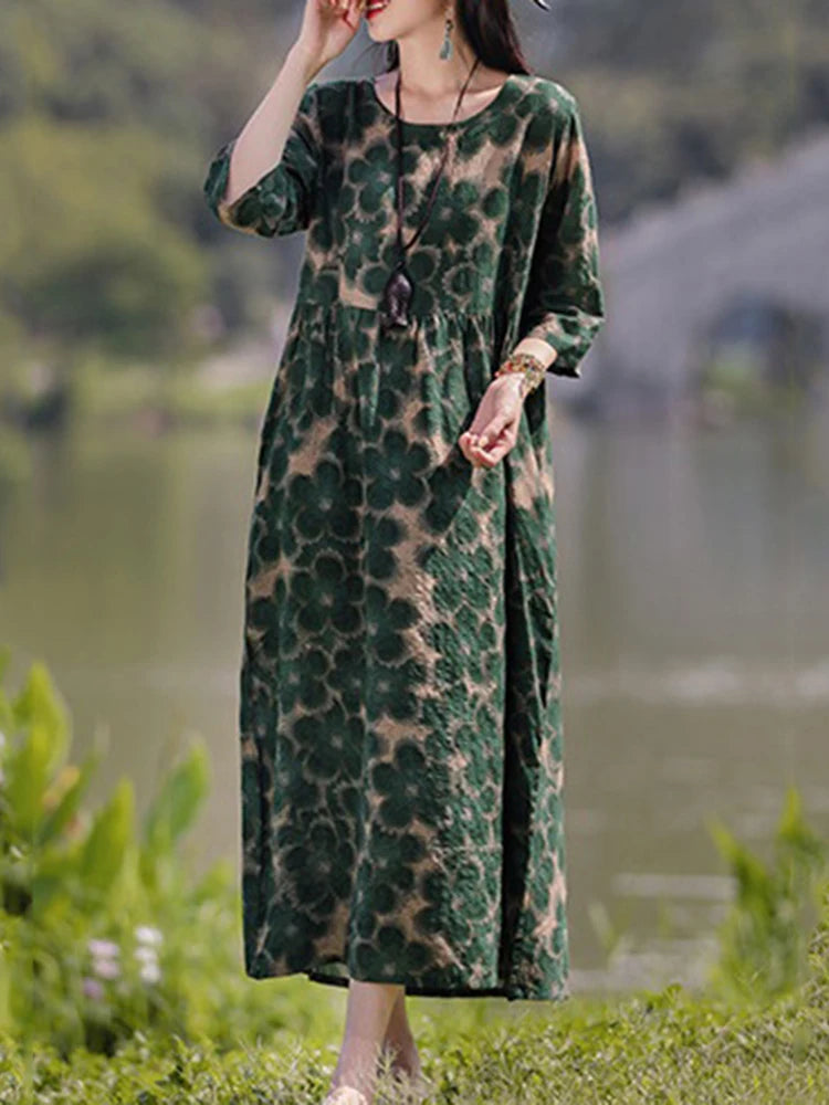 Robe Maxi Bohémienne Vintage Florale — Manches Longues Grande Taille