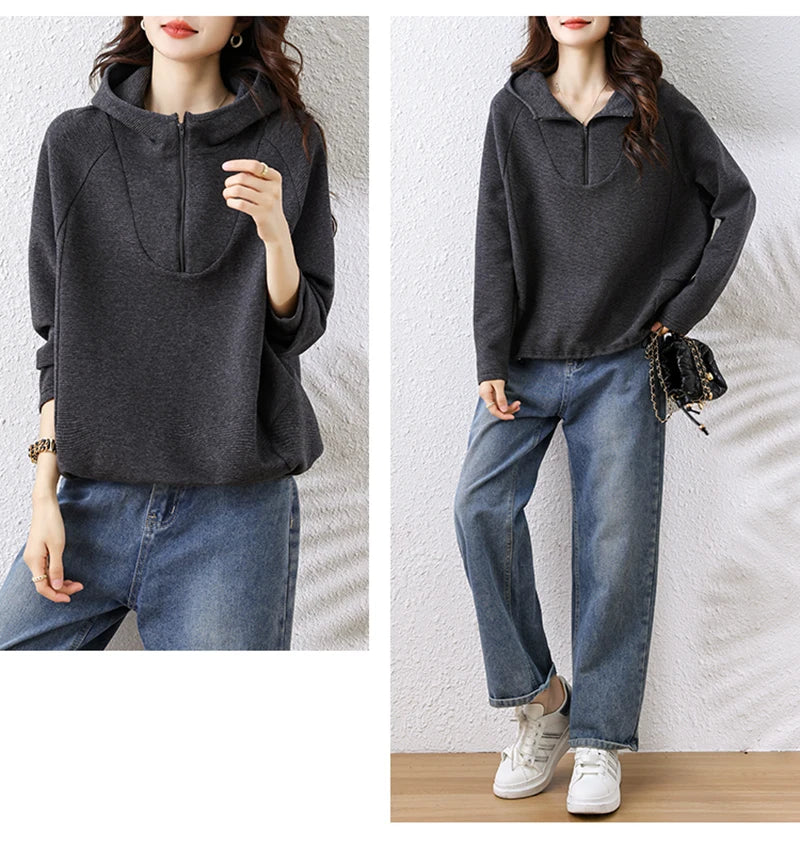 Oversize Hoodies Long Sleeve Zipper Pullovers Dark Gray Tops Jumper Sweatshirts Women