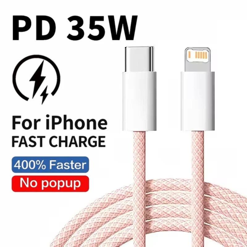 Câble PD 35W Charge Rapide pour iPhone 14 13 12 11 Pro Max XR XS — USB-C Tressé 1m 2m