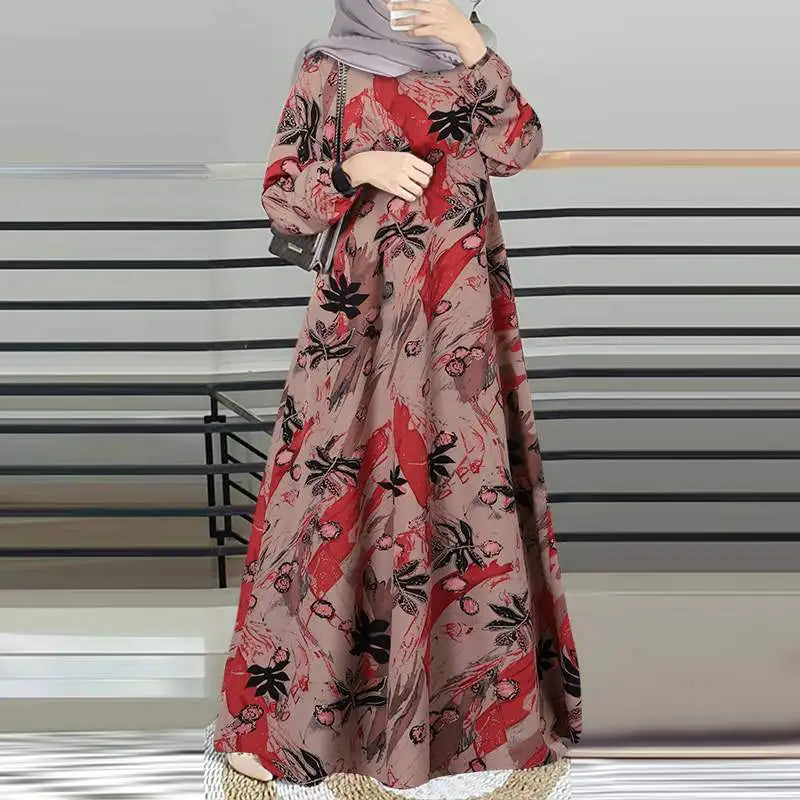 Robe Abaya Femme Musulmane — Longue Manches Longues Imprimé Floral