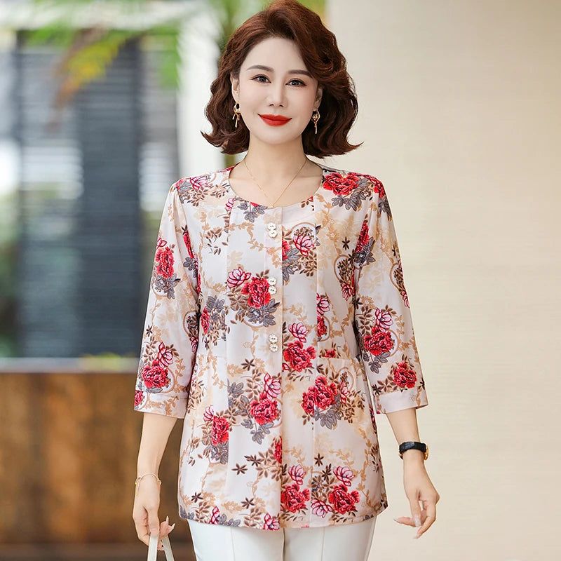 Elegant Oversize Shirts for Women T-SHIRT Tops Loose Vintage Blouse Summer Middle-aged Women's Clothing