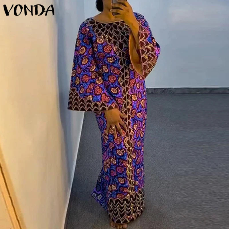 Robe Bohémienne Imprimée — Manches Évasées Maxi Oversize Col Rond